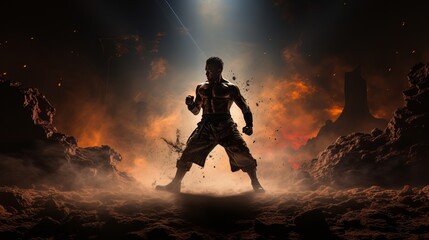 Athletic strong man on dark background. Martial arts athlete, AI