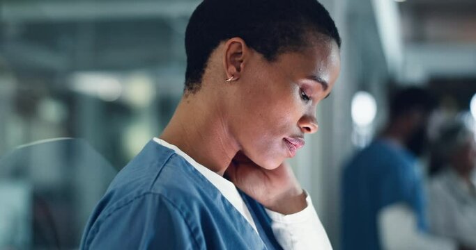 Doctor, stress and black woman with headache, anxiety or neck pain while working in a hospital at night. Healthcare, anxiety and female nurse with burnout, vertigo or joint, fibromyalgia or tension