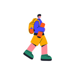 Outdoor tourism, vacation or hike in forest with tent. Cartoon flat vector illustration in doodle style.