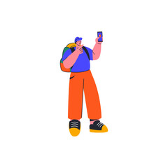 Outdoor tourism, vacation or hike in forest with tent. Cartoon flat vector illustration in doodle style.