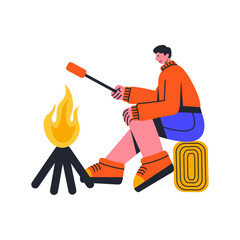 Outdoor tourism, vacation or hike in forest with tent. Cartoon flat vector illustration in doodle style.