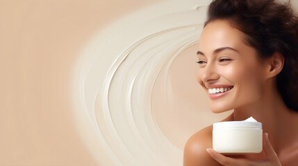 Portrait of smiling woman hold cream jar. Beautiful natural woman , spa and wellness concept. Carefree laughing woman 