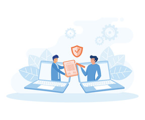 People signing paper and digital contract. Digital user agreement signing digital document. flat vector modern illustration