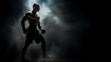 Fototapeta na wymiar Athletic strong man on dark background. Martial arts athlete, AI