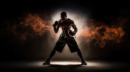 Athletic strong man on dark background. Martial arts athlete, AI