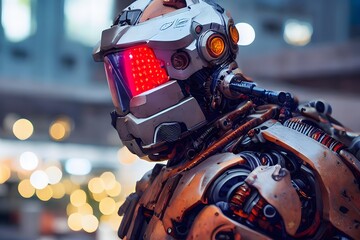 Fototapeta premium Ai generated portrait photo of a Military robot war machine with neon glow energy light. Future robot concept. blur and bokeh smokey background.