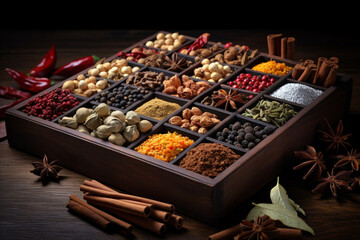 Variety of the most popular spices in a wooden box