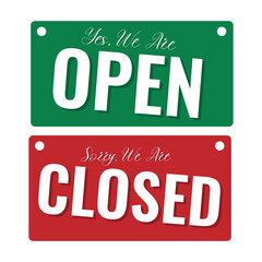 Printable isolated label sticker Yes We Are Open and Sorry We Are Closed, for hanged on put of front of the shop in green and red rectangle sign