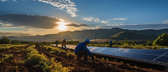 An engineer is putting in a solar panel at a solar energy farm.. - obrazy, fototapety, plakaty