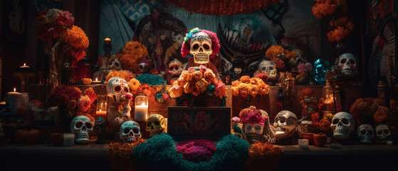 Day of the Dead a Colorful Celebration style of illustration of the most prominent symbols related to the Day of the Dead are skeletons and skulls Created with generative AI tools.