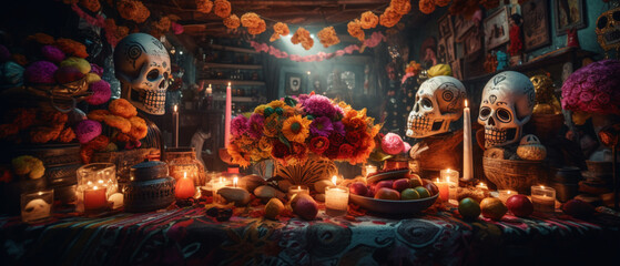 Day of the Dead a Colorful Celebration style of illustration of the most prominent symbols related to the Day of the Dead are skeletons and skulls Created with generative AI tools.