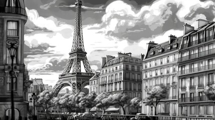 Iconic sights of Paris, Eiffel Tower. Fantasy concept , Illustration painting.