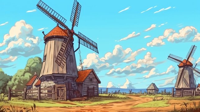 Idyllic rural windmills. Fantasy concept , Illustration painting.
