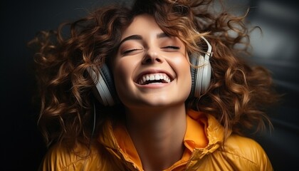 Young woman wearing headphones has fun while exercising and relaxing in the living room..
