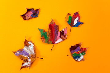 Colorful Leaves Painted Artistically on Yellow Autumn Background. Autumnal dry foliage hand painted backdrop design
