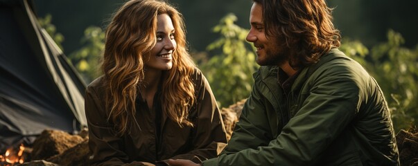 a young couple camping nearby and relaxing in chairs in the woods.