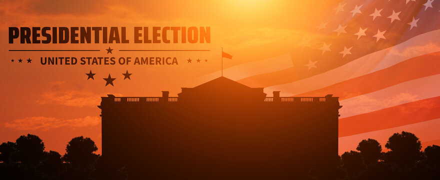 United States Presidential Election In 2024. White House Silhouette On Sunset Background. USA Flag. 3d Illustration.