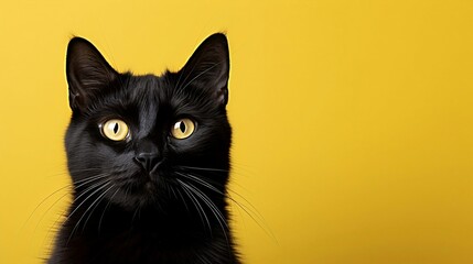 Portrait of a black cat with yellow eyes on a yellow background