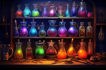 Magic elixir bottles. Ai art. Fantasy chemistry lab