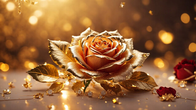 AI generative image of golden roses and little diamonds with luxury mood and tone of gold, close up the flowers, the concept for wedding or valentine, falling golden glitters, landscape image.