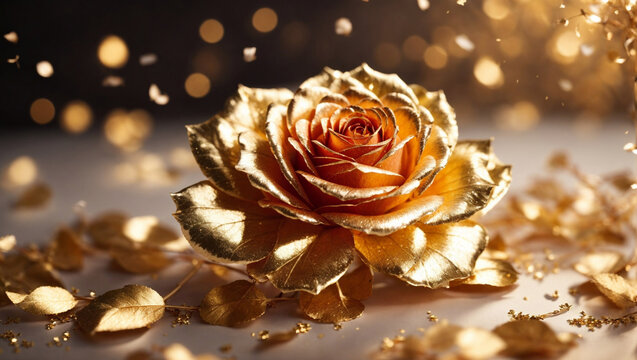 AI generative image of golden roses with luxury mood and tone of gold, close up the flowers, the concept for beautiful wedding or valentine, falling golden glitters, landscape image.