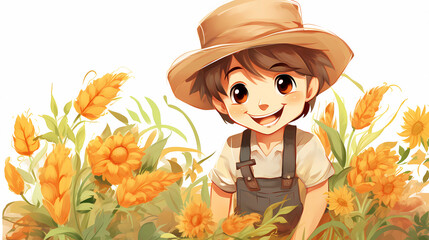 hand drawn cartoon illustration of cute farmer boy
