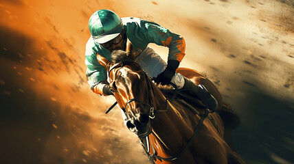 skilled jockey expertly guiding the horse around the track - obrazy, fototapety, plakaty