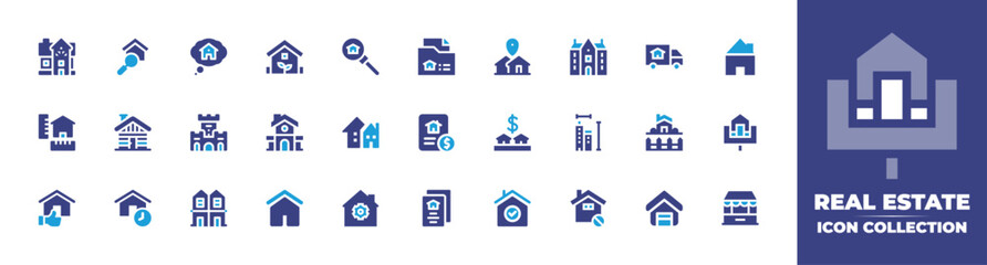 Real estate icon collection. Duotone color. Vector and transparent illustration. Containing property, documents, village, loan, settings, contract, real estate, home, kiosk, dream, and more.