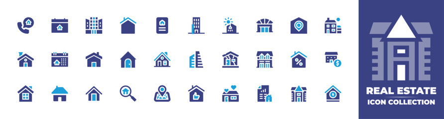 Real estate icon collection. Duotone color. Vector and transparent illustration. Containing legal, house, valuation, placeholder, modern architecture, home, real estate, search, and more.