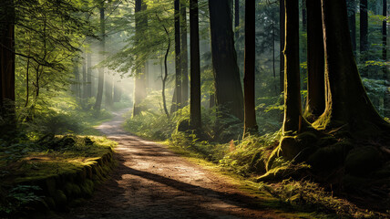 misty trail that winds its way through the forest, creating an ethereal ambiance