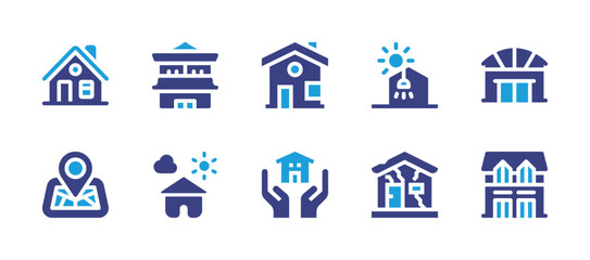 Real estate icon set. Duotone color. Vector illustration. Containing house, placeholder, light, ruined, home, address, shelter.