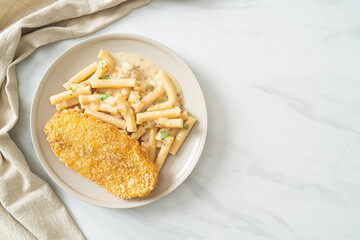 quadrotto penne pasta white cream sauce with fried fish