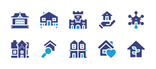 Real estate icon set. Duotone color. Vector illustration. Containing house, inheritance, leaf, castle, townhouse, bungalow, villa.
