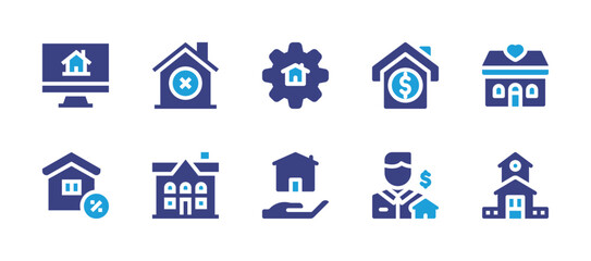 Real estate icon set. Duotone color. Vector illustration. Containing development, investment, house, broker, search, discard.