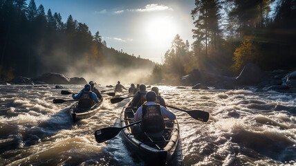 teamwork of paddlers working together to navigate the rapids