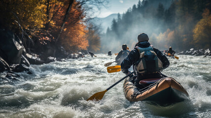 teamwork of paddlers working together to navigate the rapids - obrazy, fototapety, plakaty