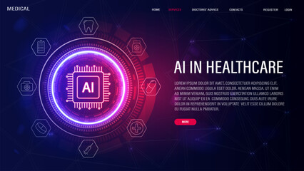 Web banners with icons of AI, medical cross, syringe, tooth and pills. The concept for artificial intelligence in health care.