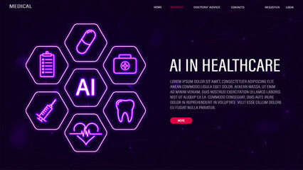 A banner with artificial intelligence embedded in health care and medicine. Neon AI icons, cardiogram, pulse, pills on a purple background with text.
