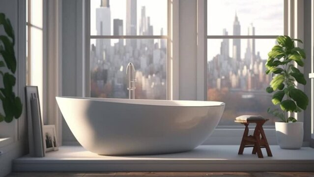 Front view on bright bathroom interior with bathtub, empty white wall, stool with towels, oak wooden floor, panoramic window with city skyscraper.