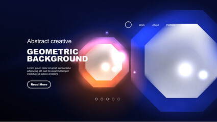 Abstract background landing page, glass geometric shapes with glowing neon light reflections, energy effect concept on glossy forms