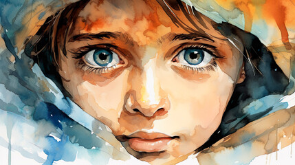 難民の少年の水彩イラスト - obrazy, fototapety, plakaty