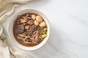 Thai noodle with pork, stewed pork, meatball and pork liver in blood soup