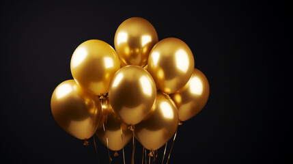 Golden balloons bunch isolated on dark background with ribbons