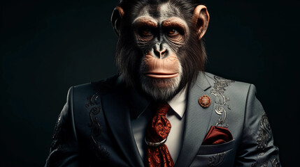 Stylish fashionable monkey in luxury suit in dark background
