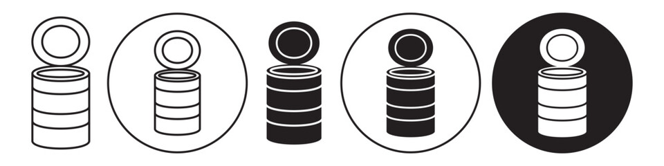 Open Tin Can Icon. Flat symbol of dog pet food product storage metallic cylinder. Vector set of round cylindrical aluminum container package. Outline sign of fish preservation box with aluminium lid 