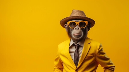 Monkey wearing a yellow colour business suit, sunglasses and bowler hat in yellow background