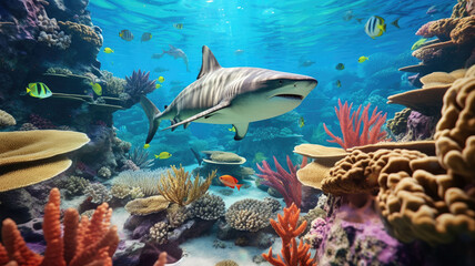 Naklejka na ściany i meble Caribbean reef shark and coral reef
