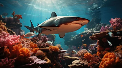 Fotobehang Caribbean reef shark and coral reef © JKLoma