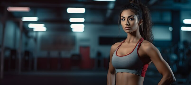 Confident young Indian female fitness coach in a gym background, isolated on the right side, professional trainer, banner with empty copy space, Horizontal format 9:4