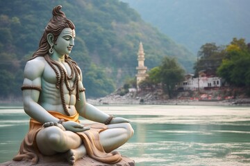 Rishikesh, India. Statue of Shiva sitting in meditation on the riverbank of Ganga in Rishikesh, Generative AI